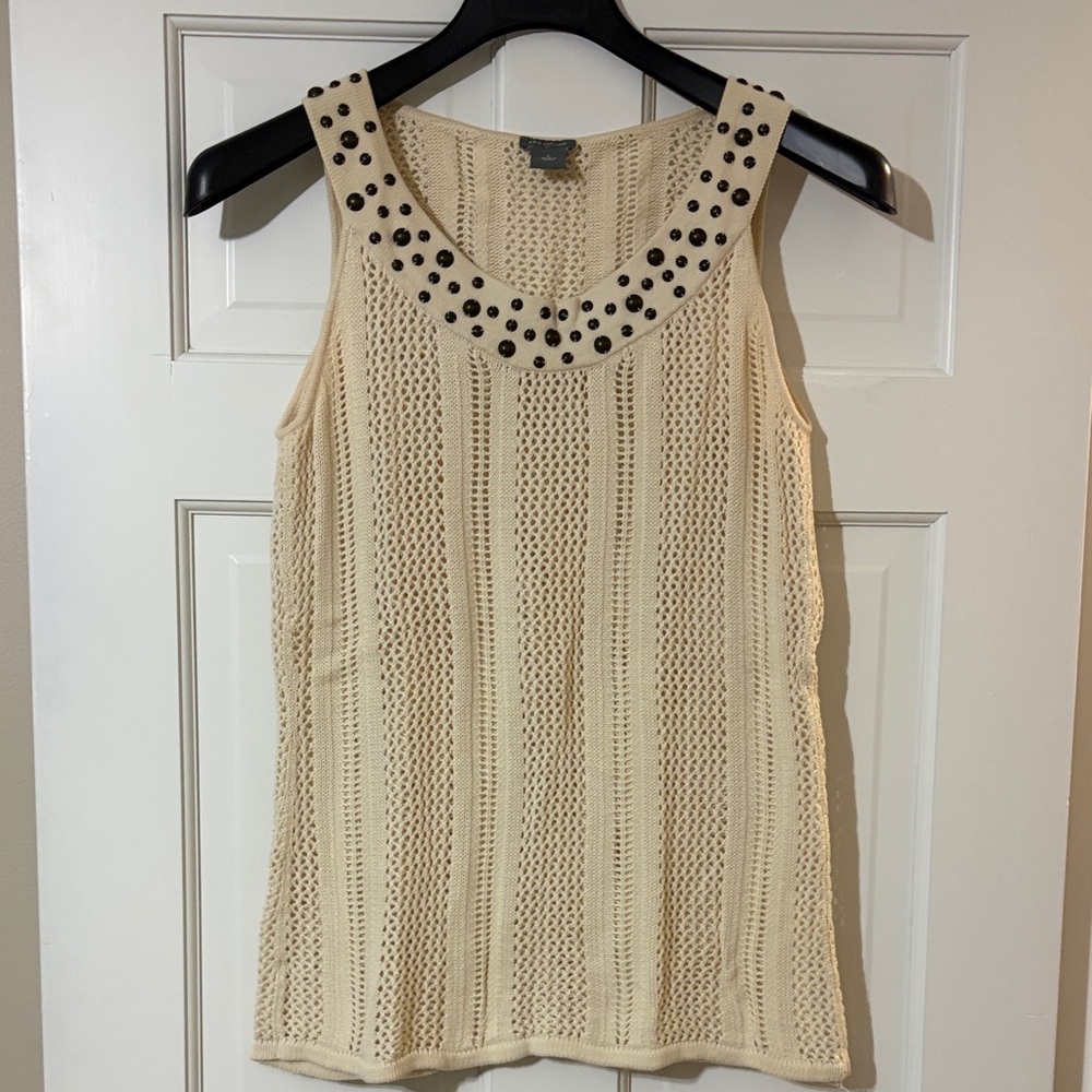 Ann Taylor Elegant Cream Sleeveless Top with Black Metal Accents